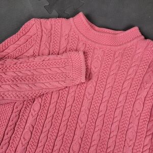LL Bean Cable Knit Crewneck Sweater Womens Medium 100% Cotton Pink